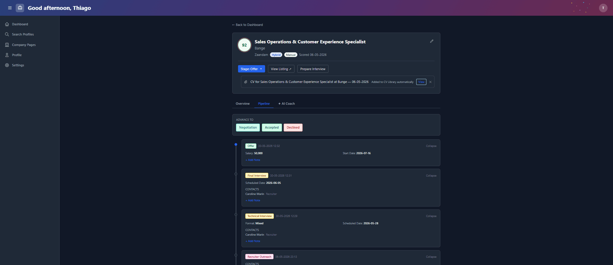 Pipeline timeline for one job showing stages logged with dates