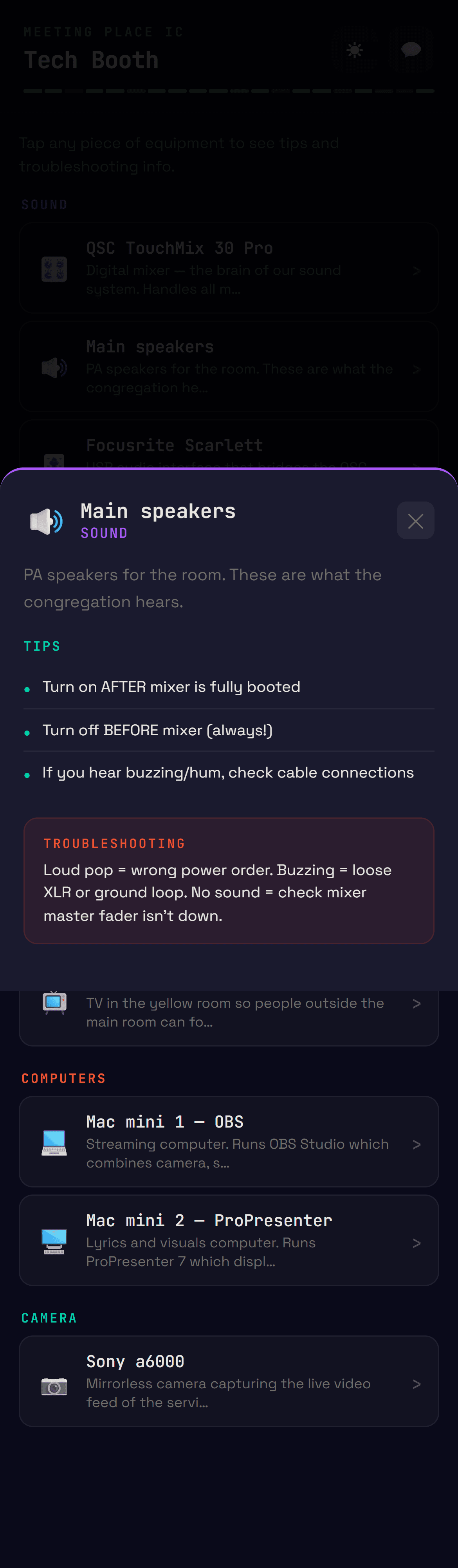 Equipment detail modal showing tips and troubleshooting for one piece of gear
