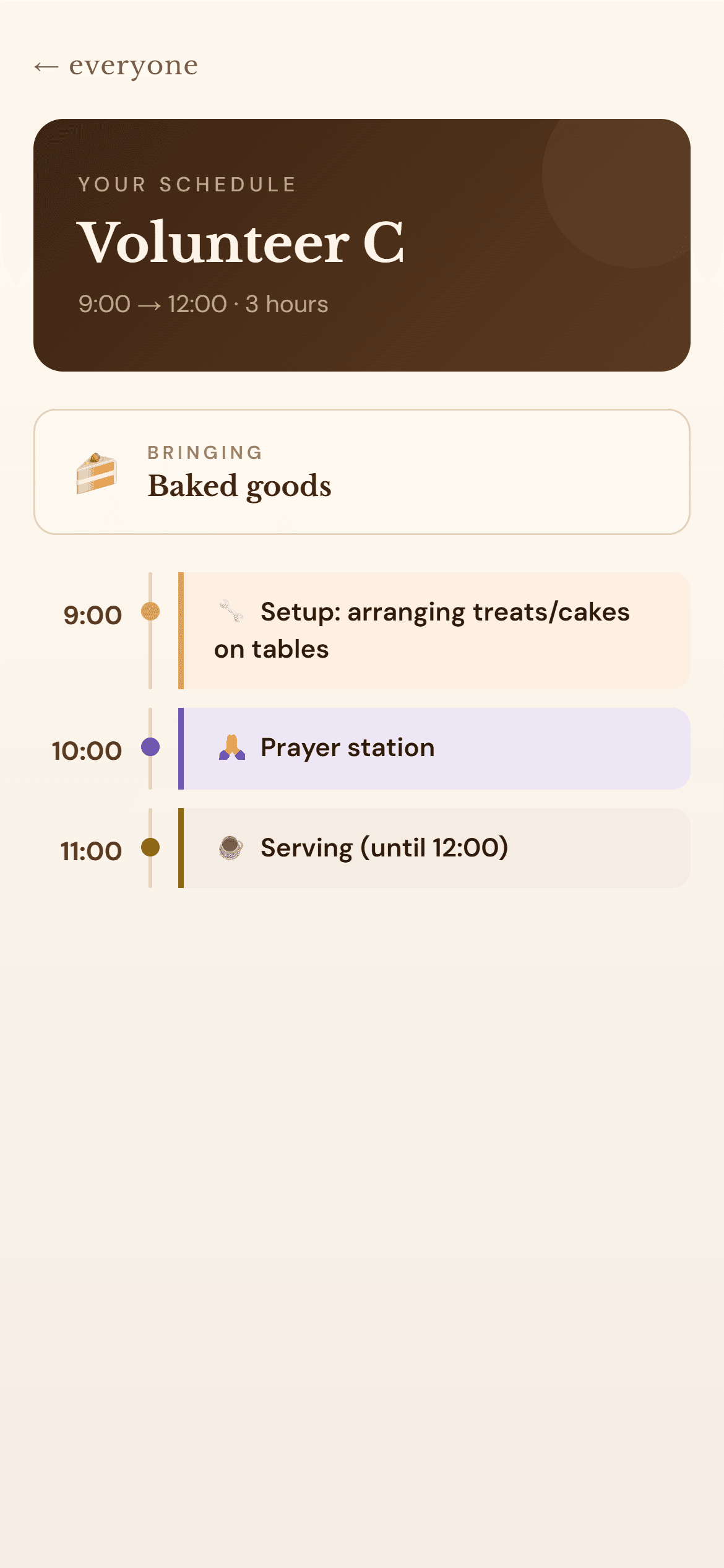 Personal timeline view for one volunteer with colour-coded hourly tasks