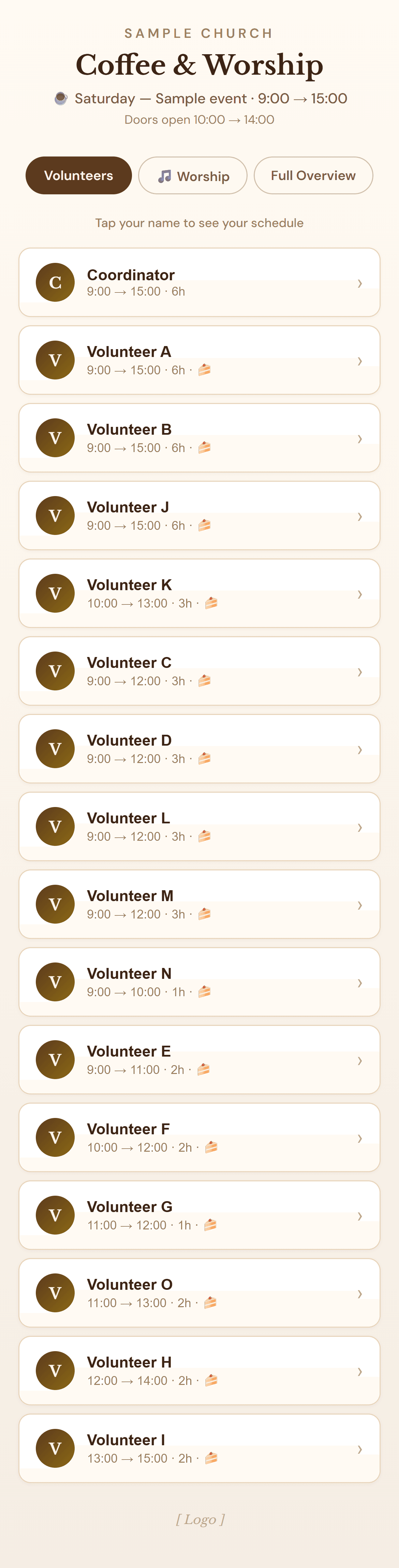 Coffee Worship app — full volunteer list with role labels and time bands