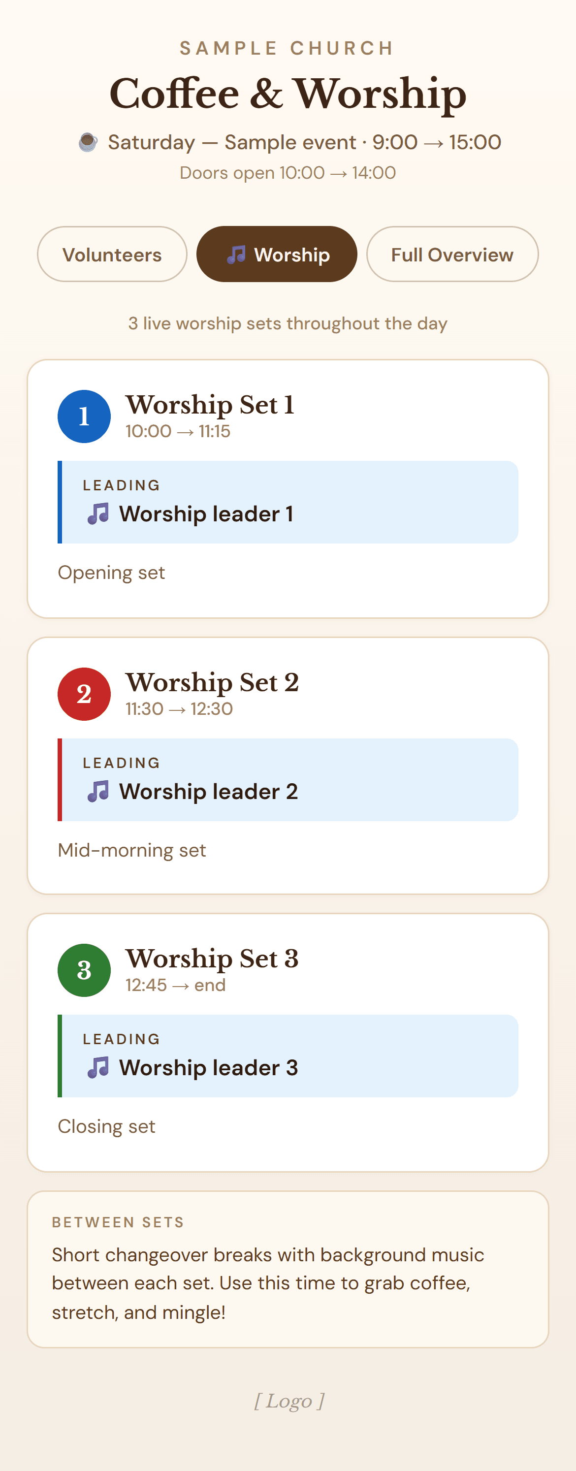 Worship tab showing three live sets with timings and role-labelled leaders