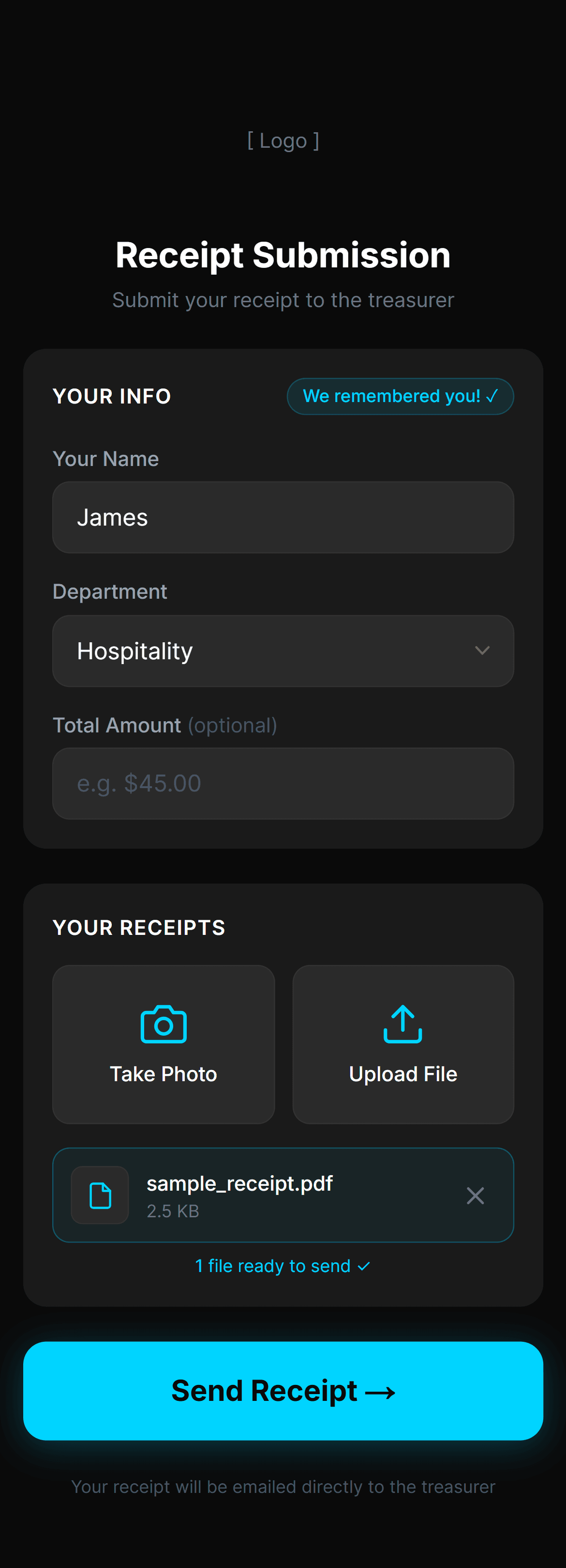 Form with a receipt PDF attached, ready to submit