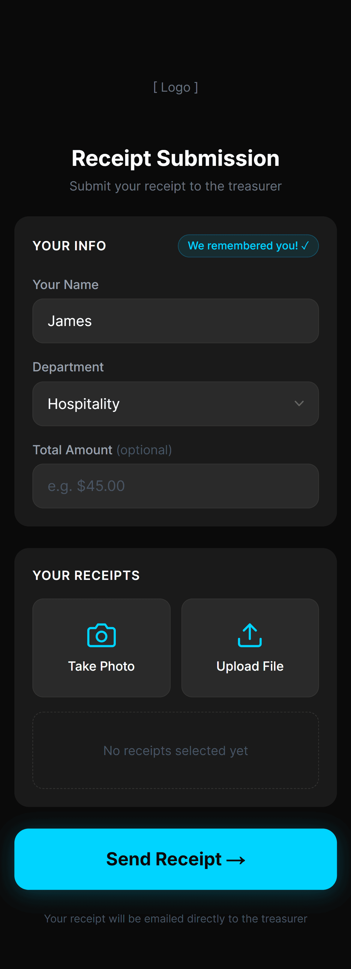 Volunteer Reimbursement app — form prefilled with name and department from previous session